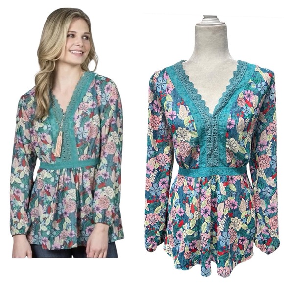 Matilda Jane Blouse Top Womens Size L Teal Floral Peasant Tunic Chiffon Feminine - Picture 1 of 13